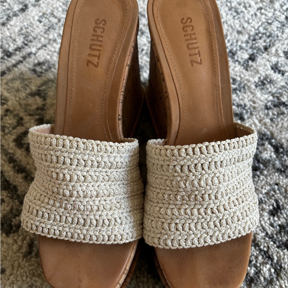SCHUTZ Cream Crochet Slide Wedge Sandals